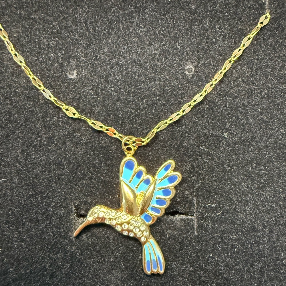 Gold Hummingbird Pendant Necklace with Blue Enamel & Rhinestones - Picture 2 of 4